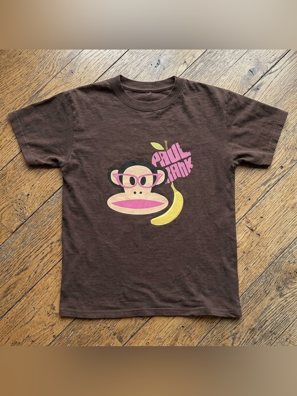 Gildan Brown Tee with Pink Monkey and Yellow Banana Graphic